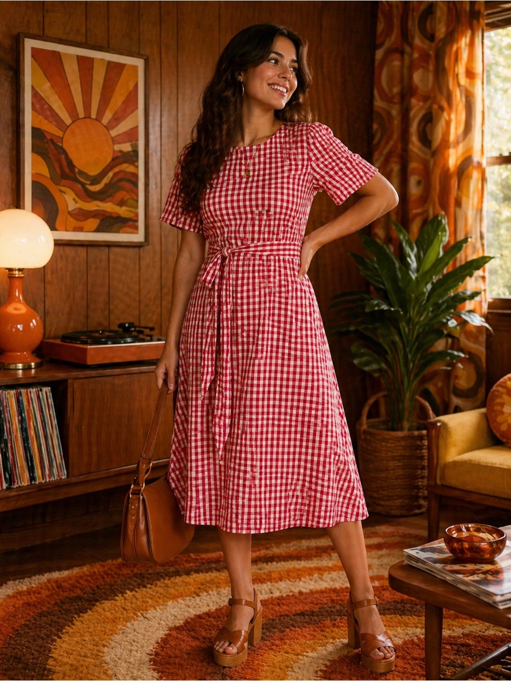 Vintage KORET Ghingam Picnic Dress Cottage Country Side Tie Waist Red Checkered